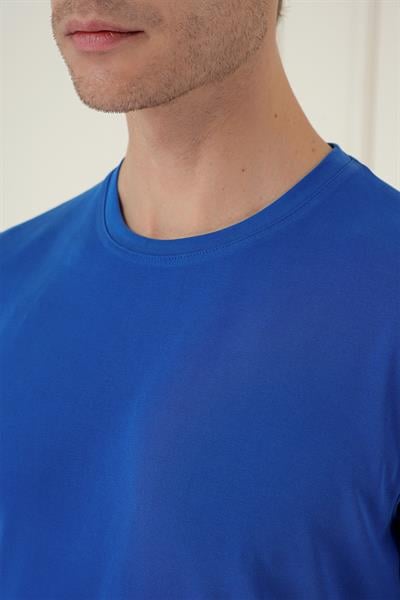 Comfort Fit Bisiklet Yaka Modal Kısa Kol Casuel Koyu Mavi Tişört Ts 895