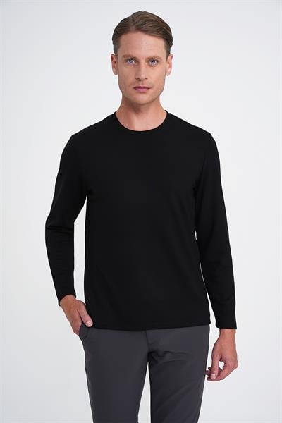 Comfort Fit Bisiklet Yaka Uzun Kol Casuel Siyah Tişört Ts 892
