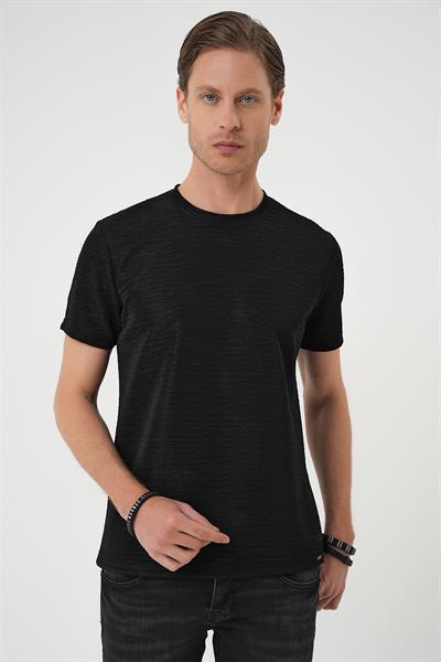 Comfort Fit Bisiklet Yaka Viskon Karışımlı Dokulu Casuel Siyah Tişört Ts 896