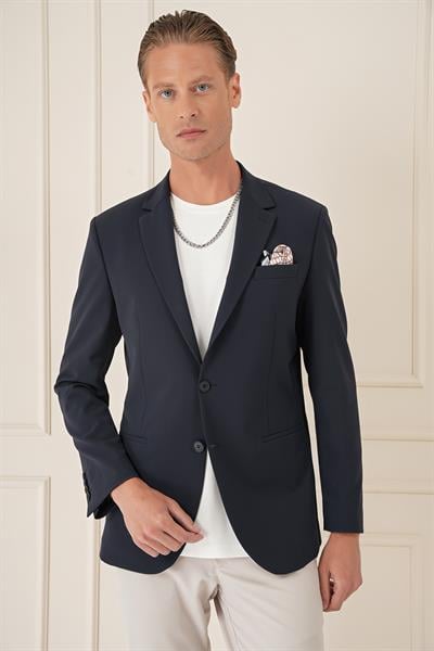 Comfort Fit Çift Yırtmaç Fleto Cep Esnek Pamuk Casuel Lacivert Ceket C 675