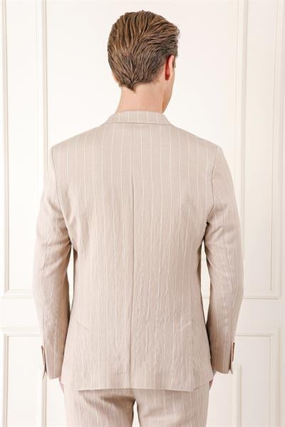 Comfort Fit Çift Yırtmaç İtalyan Çizgili Keten Casuel Bej Ceket C 671