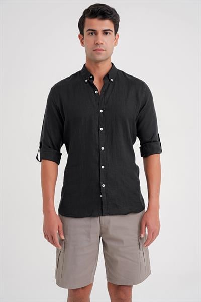 Comfort Fit Düğme Yaka Katlanır Kol %100 Keten Düz Siyah Gömlek G 1595