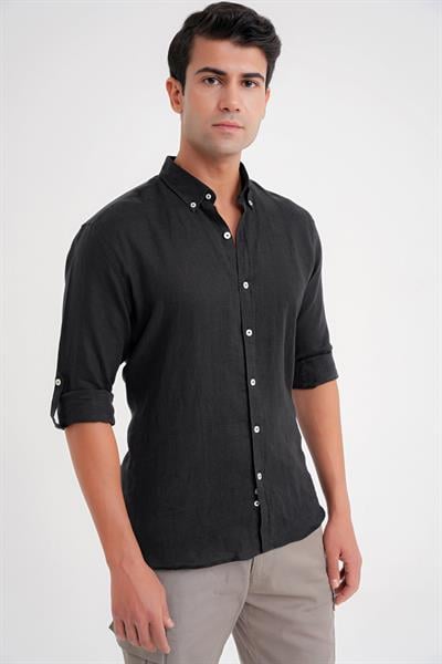 Comfort Fit Düğme Yaka Katlanır Kol %100 Keten Düz Siyah Gömlek G 1595