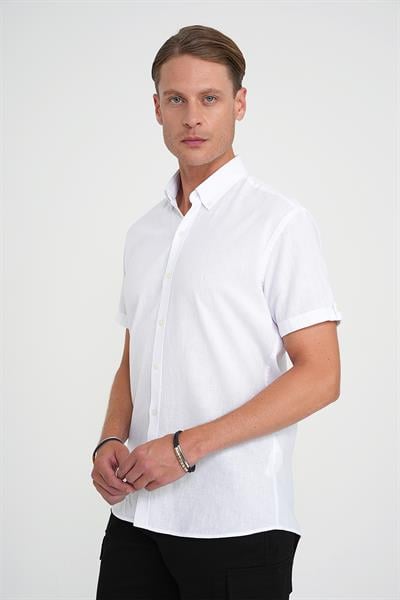 Comfort Fit Düğme Yaka Kısa Kol %100 Keten Düz Beyaz Gömlek G 1596