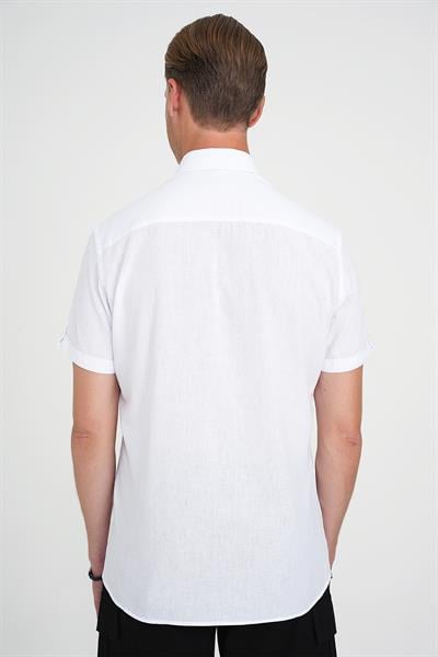Comfort Fit Düğme Yaka Kısa Kol %100 Keten Düz Beyaz Gömlek G 1596