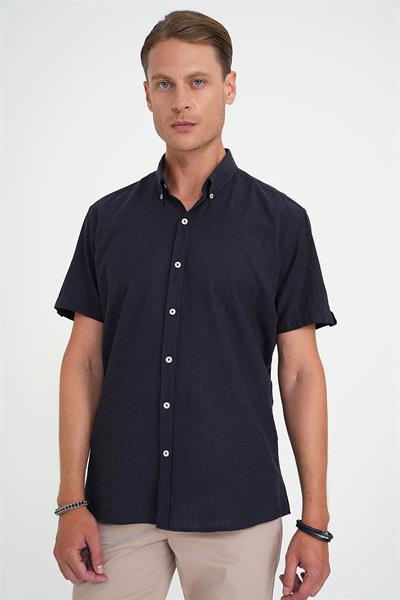 Comfort Fit Düğme Yaka Kısa Kol %100 Keten Düz Lacivert Gömlek G 1596