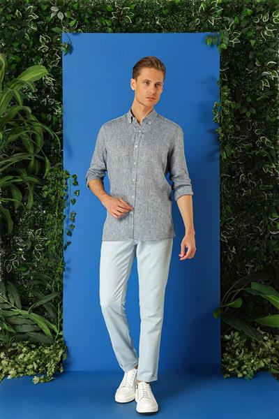 Comfort Fit Düğmeli Yaka %100 Keten Apoletli Casuel Lacivert Gömlek G 1564