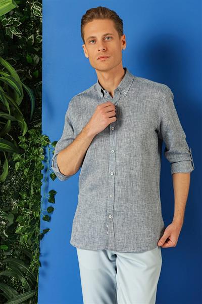 Comfort Fit Düğmeli Yaka %100 Keten Apoletli Casuel Lacivert Gömlek G 1564