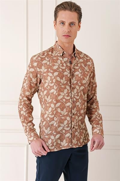 Comfort Fit Düğmeli Yaka Yaprak Desenli Pamuk Casuel Vizon Gömlek G 1567