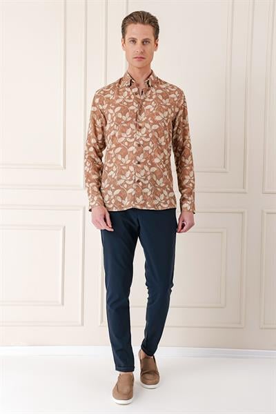 Comfort Fit Düğmeli Yaka Yaprak Desenli Pamuk Casuel Vizon Gömlek G 1567