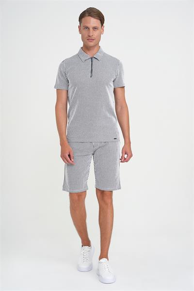 Comfort Fit Fermuarlı Polo Yaka Dikine Çizgili Kısa Kol Siyah Tişört Ts 906