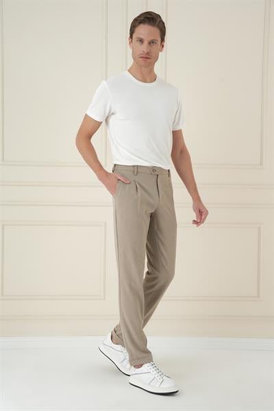 Comfort Fit Gofre Dokulu Beli Lastikli Pileli Bej Jogger Pantolon P 1174