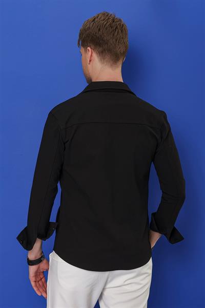 Comfort Fit Kapaklı Cep Çıtçıtlı Esnek Pamuk Siyah Gömlek Ceket G 1550
