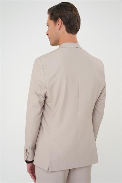 Comfort Fit Mono Yaka Çift Yırtmaç Torba Cep Kendinden Desenli Casual Bej Ceket C 705