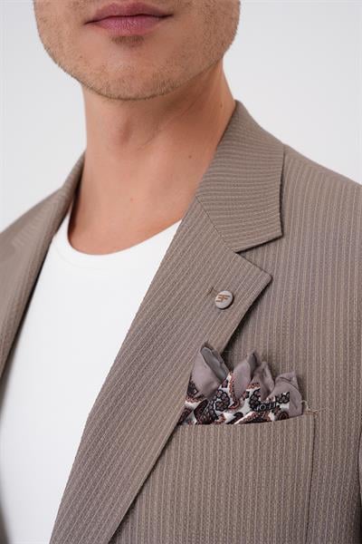 Comfort Fit Mono Yaka Çift Yırtmaç Torba Cep Gofre Kumaş Casual Vizon Ceket C 703