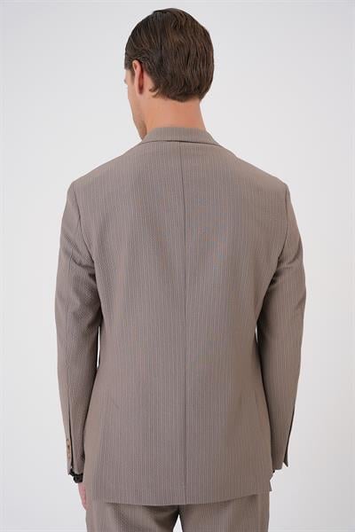 Comfort Fit Mono Yaka Çift Yırtmaç Torba Cep Gofre Kumaş Casual Vizon Ceket C 703