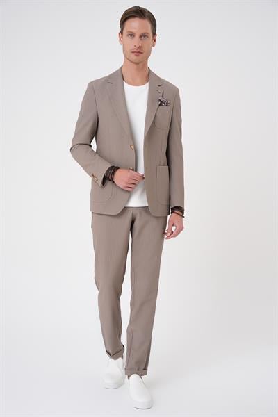 Comfort Fit Mono Yaka Çift Yırtmaç Torba Cep Gofre Kumaş Casual Vizon Ceket C 703