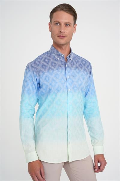 Comfort Fit Pano Desen Düğme Yaka %100 Keten Turkuaz Gömlek G 1593
