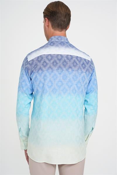 Comfort Fit Pano Desen Düğme Yaka %100 Keten Turkuaz Gömlek G 1593