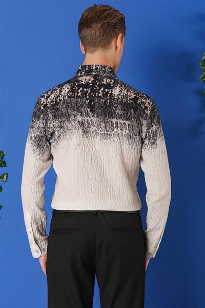 Comfort Fit Pano Desen Kırışık Dokulu %100 Pamuk Antrasit Gömlek G 1570