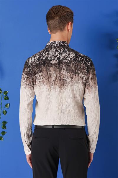 Comfort Fit Pano Desen Kırışık Dokulu %100 Pamuk Açık Kahve Gömlek G 1570