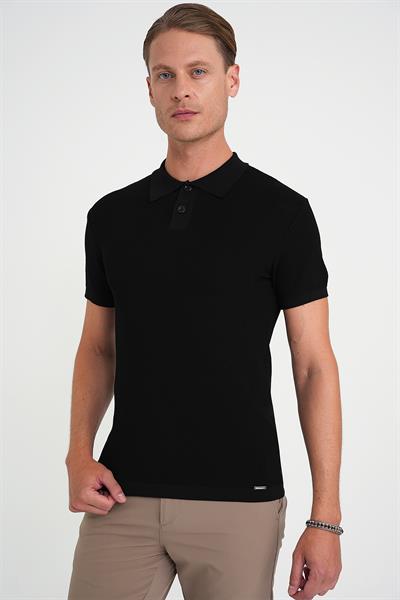Comfort Fit Polo Yaka Kısa Kollu Siyah Triko Tr 883