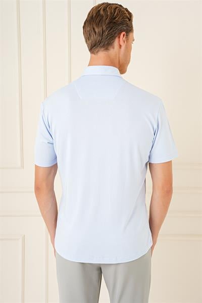 Comfort Fit Spor Yaka Kısa Kol Esnek Pamuk Mavi Gömlek G 1573