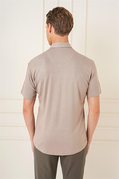 Comfort Fit Spor Yaka Kısa Kol Esnek Pamuk Vizon Gömlek G 1573