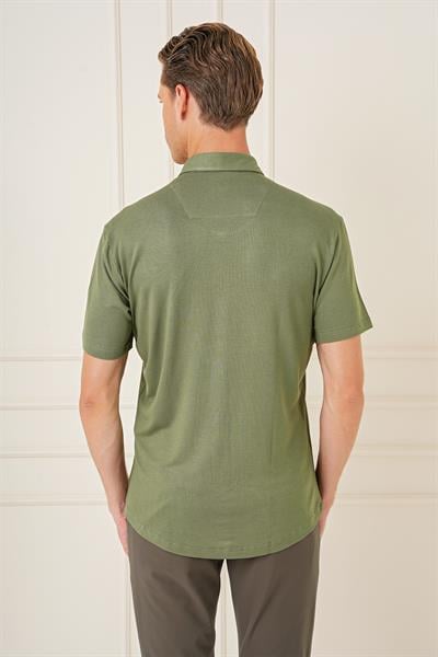Comfort Fit Spor Yaka Kısa Kol Esnek Pamuk Haki Gömlek G 1573