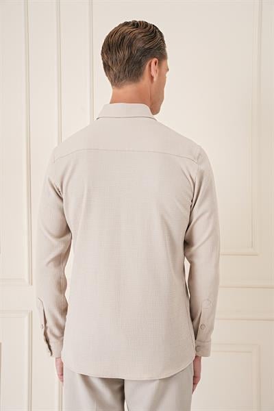 Comfort Fit Yan Cep Çıtçıtlı Esnek Pamuk Koyu Bej Gömlek Ceket G 1565
