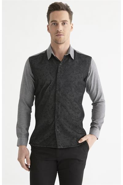 G 1443 Slim Fit Gri-Siyah Spor Gömlek
