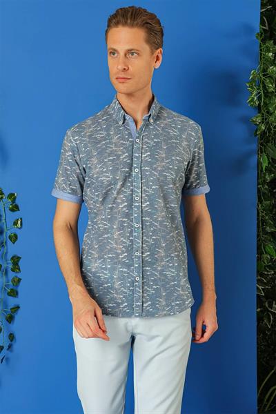 G 1499 Slim Fit Düğmeli Yaka Desenli Kısa Kol Pamuk Mavi Gömlek
