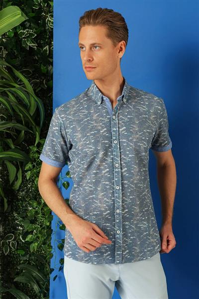 G 1499 Slim Fit Düğmeli Yaka Desenli Kısa Kol Pamuk Mavi Gömlek