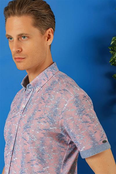 G 1499 Slim Fit Düğmeli Yaka Desenli Kısa Kol Pamuk Lila Gömlek