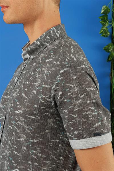 G 1499 Slim Fit Düğmeli Yaka Desenli Kısa Kol Pamuk Füme Gömlek