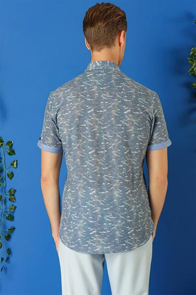 G 1499 Slim Fit Düğmeli Yaka Desenli Kısa Kol Pamuk Mavi Gömlek