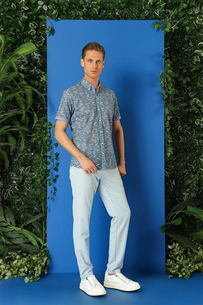 G 1499 Slim Fit Düğmeli Yaka Desenli Kısa Kol Pamuk Mavi Gömlek