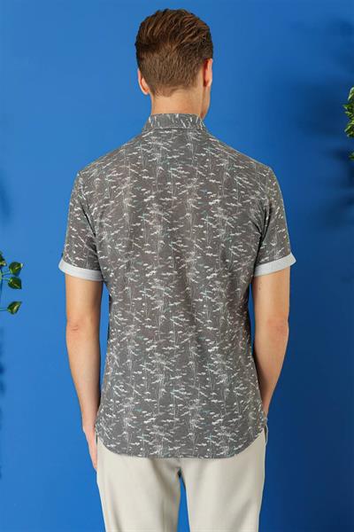 G 1499 Slim Fit Düğmeli Yaka Desenli Kısa Kol Pamuk Füme Gömlek