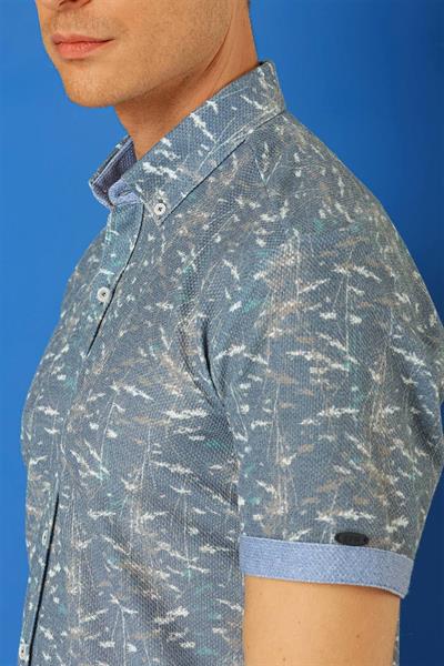 G 1499 Slim Fit Düğmeli Yaka Desenli Kısa Kol Pamuk Mavi Gömlek