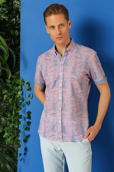 G 1499 Slim Fit Düğmeli Yaka Desenli Kısa Kol Pamuk Lila Gömlek