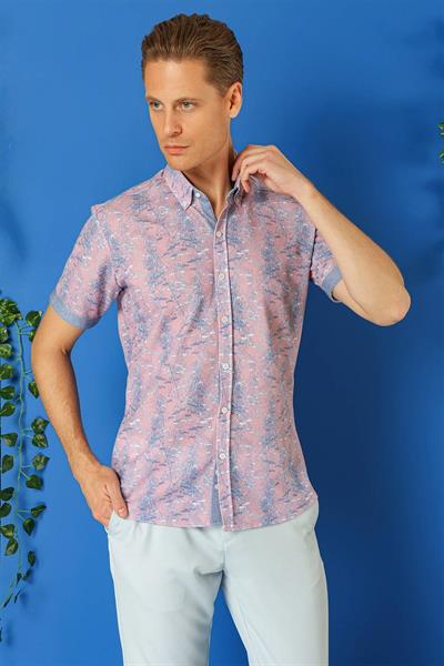 G 1499 Slim Fit Düğmeli Yaka Desenli Kısa Kol Pamuk Lila Gömlek