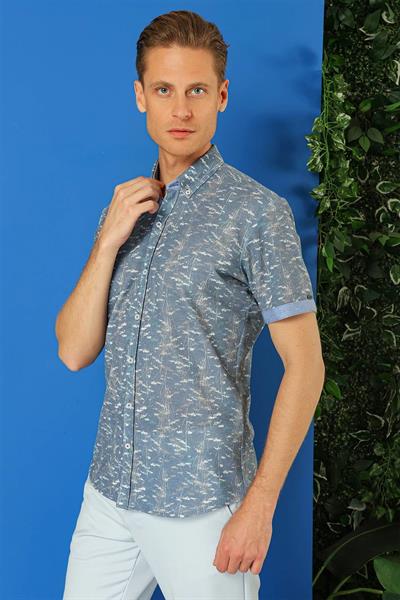 G 1499 Slim Fit Düğmeli Yaka Desenli Kısa Kol Pamuk Mavi Gömlek