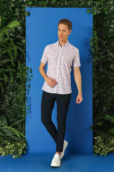 G 1501 Slim Fit Düğmeli Yaka Şal Desenli Kısa Kol Pamuk Lila Gömlek
