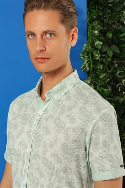 G 1501 Slim Fit Düğmeli Yaka Şal Desenli Kısa Kol Pamuk Nil Yeşili Gömlek