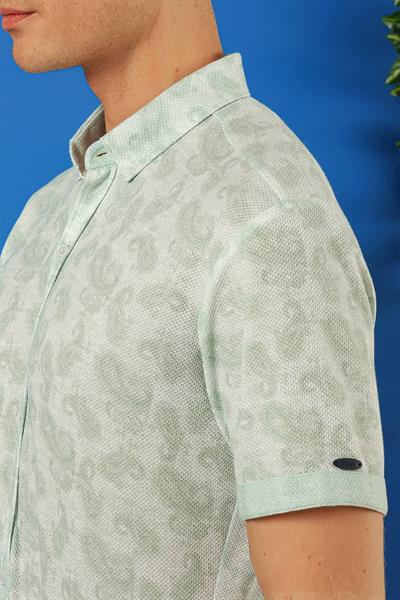 G 1501 Slim Fit Düğmeli Yaka Şal Desenli Kısa Kol Pamuk Nil Yeşili Gömlek