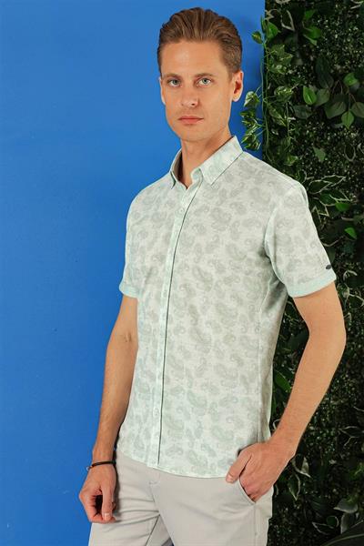 G 1501 Slim Fit Düğmeli Yaka Şal Desenli Kısa Kol Pamuk Nil Yeşili Gömlek