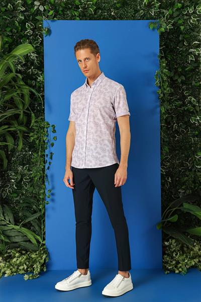 G 1501 Slim Fit Düğmeli Yaka Şal Desenli Kısa Kol Pamuk Lila Gömlek