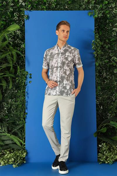 G 1502 Slim Fit Düğmeli Yaka Batik Desenli Kısa Kol Pamuk Gri Gömlek