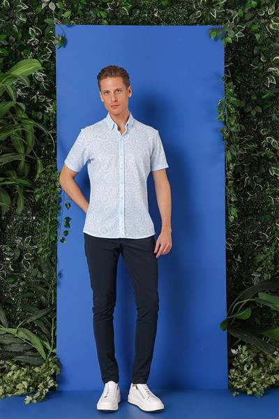 G 1503 Slim Fit Düğmeli Yaka Desenli Kısa Kol Pamuk Mavi Gömlek