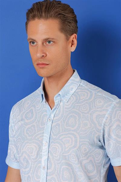 G 1503 Slim Fit Düğmeli Yaka Desenli Kısa Kol Pamuk Mavi Gömlek